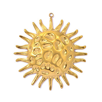 304 Stainless Steel Big Pendants, Hammered Sun Charms, Ion Plating(IP), Mirror Polished Finish, Real 18K Gold Plated, 56x52mm, Hole: 2.1mm