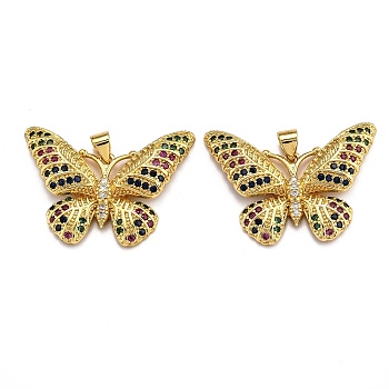 Brass Micro Pave Clear Cubic Zirconia Pendants, Long-Lasting Plated, Butterfly, Real 18K Gold Plated, 22.5x30.5x3.5mm, Hole: 2.5x3mm