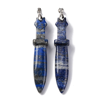 Natural Lapis Lazuli Big Pendants, Sword Charms, with Rack Plating Platinum Tone Brass Snap on Bails, Lead Free & Cadmium Free, 69.5x14.5x12.5mm, Hole: 6x4mm