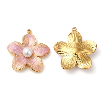 304 Stainless Steel Enamel Pendants, with ABS Imitation Pearl, Real 18K Gold Plated, Flower Charm, Pearl Pink, 22x20.5x6mm, Hole: 1.4mm