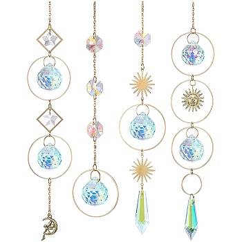 4Pcs Metal Ring & Sun Hanging Ornaments Set, Rainbow Maker, Teardrop/Cone Glass Tassel Suncatchers for Home Garden Decoration, Colorful, 400~500mm