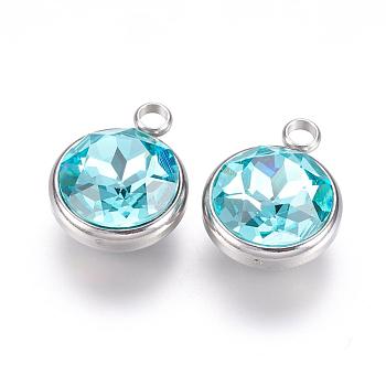 K9 Glass Rhinestone Pendants, December Birthstone Charms, with 304 Stainless Steel Findings, Flat Round, Pale Turquoise, 18x14x9mm, Hole: 2.5mm