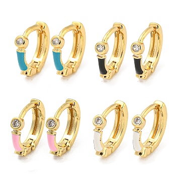 18K Gold Plated Brass Hoop Earrings, with Enamel and Clear Cubic Zirconia, Mixed Color, 11x2.5mm