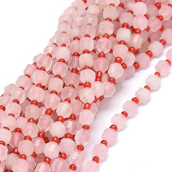 Natural Rose Quartz Beads Strands, with Seed Beads, Faceted, Bicone, Double Terminated Point Prism Beads, 5~7x6mm, Hole: 0.8mm, about 48pcs/strand, 15.55 inch(39.5cm)