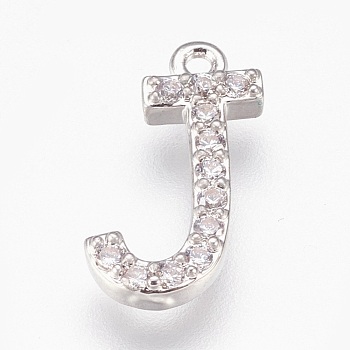 Brass Letter Pendants, with Cubic Zirconia, Lead Free & Cadmium Free & Nickel Free, Long-Lasting Plated, Platinum, Letter.J, 15x9x2mm, Hole: 1.2mm