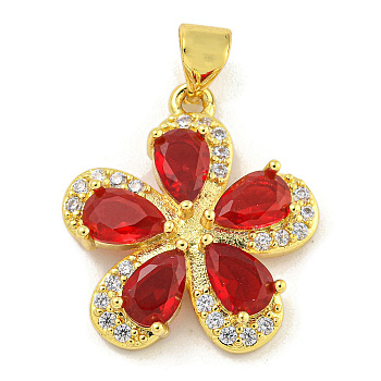 Rack Plating Brass Micro Pave Cubic Zirconia Pendants, Cadmium Free & Lead Free, Long-Lasting Plated, Real 18K Gold Plated, Flower, FireBrick, 20x18x4mm, Hole: 3.5x5mm