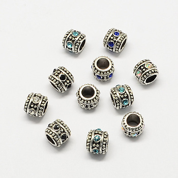 Alloy Rhinestone Rondelle Large Hole European Beads, Antique Silver, Mixed Color, 10x8.5mm, Hole: 5mm