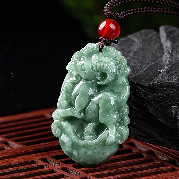 Natural Jadeite Pendant Necklaces, with Resin Bead and Wax Rope, the 12 Chinese Zodiac, Sheep, 25.75 inch(65.4cm), Pendant: 34x23mm