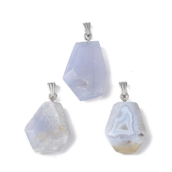 Natural Blue Lace Agate Pendants, Faceted Polygon Charms, with Stainless Steel Color Plated 201 Stainless Steel Snap on Bails, 21~29x16~23x6~8mm, Hole: 2x7mm