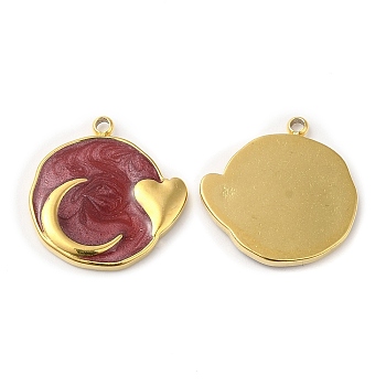 Real 18K Gold Plated 304 Stainless Steel Pendants, with Enamel, Flat Round with Moon & Heart Charm, Dark Red, 17.5x17x2mm, Hole: 1.4mm