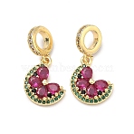 Brass Pave Green and Deep Pink Cubic Zirconia European Dangle Charms, Flower Large Hole Pendants, Rack Plating, Long-Lasting Plated, Lead Free & Cadmium Free, Real 18K Gold Plated, 23mm, Hole: 4.8mm(KK-P345-41G)