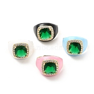 Rack Plating Brass Micro Pave Green & Crystal Cubic Zirconia Adjustable Rings, with Enamel, Cadmium Free & Lead Free, Long-Lasting Plated, Real 18K Gold Plated, Mixed Color, US Size 7 3/4, 2.5~16.5mm, Inner Diameter: 17.9mm(RJEW-E064-19G)