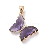 Brass Micro Pave Clear Cubic Zirconia Pendants, with Glass, Butterfly, Golden, Lilac, 24x21.5x4mm(ZIRC-P079-D01-02)