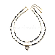 2Pcs 2 Style Alloy Enamel Heart Pendant Necklaces Set, Natural & Synthetic Mixed Gemstone & Pearl Beaded Stackable Necklaces for Women, 14.73~16.93 inch(37.5~43cm), 1Pc/style(NJEW-JN04063)