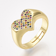 Adjustable Brass Micro Pave Cubic Zirconia Finger Rings, Heart, Golden, Size 7, 17mm(RJEW-S044-018)