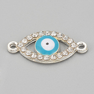 Alloy Rhinestone Links Connectors, Cadmium Free & Lead Free, Evil Eye, Sky Blue, Silver Color Plated, 22x10x2mm, Hole: 1mm(X-ALRI-S170-21S)