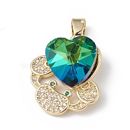 Rack Plating Brass Micro Pave Cubic Zirconia Pendants, with Glass, Long-Lasting Plated, Cadmium Free & Lead Free, Crab with Heart, Real 18K Gold Plated, Teal, 21x18x8mm, Hole: 5x3mm(KK-C015-01G-06)