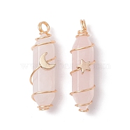 Natural Rose Quartz Copper Wire Wrapped Pendants, Faceted Bullet Charms with Light Gold Tone Star & Moon Brass Beads, 36~37.5x10~10.5x11~12mm, Hole: 3.5~4mm, 2pcs/set(PALLOY-JF02535-03)