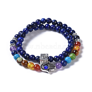 Two Loops Natural Lapis Lazuli(Dyed) & Natural/Synthetic Mixed Stone Beads Warp Stretch Bracelets, with Evil Eye Lampwork Round Beads and Tibetan Style Alloy Beads, 13-3/8 inch(34cm)(BJEW-JB04223-05)