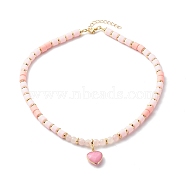 Polymer Clay Beaded Necklaces, with Electroplate Gemstone Heart Pendants and Brass Beads, Pink, 17.01 inch(43.2cm)(NJEW-JN03615)