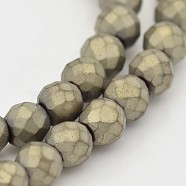 Round Non-magnetic Synthetic Hematite Beads Strands, Imitation Pyrite, Frosted, Faceted, Antique Bronze Plated, 6mm, Hole: 1mm, about 64pcs/strand, 16 inch(G-D617-6mm-29)