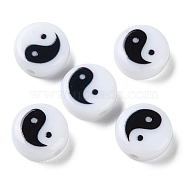 Printed Opaque Acrylic Beads, Flat Round with Yinyang Pattern, Black, 10x5mm, Hole: 1.8mm(SACR-F010-06B)
