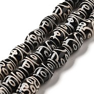 Tibetan Style dZi Beads Strands, Natural & Dyed Agate Beads, Rice, Black, 7-Eye, 13~14x9.5~10mm, Hole: 1.4mm, about 25pcs/strand, 13.58 inch(34.5cm)(G-F726-A06)