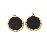 304 Stainless Steel Pendants, Flat Round Charm, with Black Agate, Ion Plating(IP), Real 18K Gold Plated, 17.5x15x2.5mm, Hole: 1.6mm(STAS-Z122-07G)