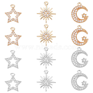 12Pcs 6 Style Rack Plating Brass Micro Pave Cubic Zirconia Charms, Long-Lasting Plated, Mixed Shape, Platinum & Light Gold, 13.5~15x12~13.5x2~3mm, Hole: 1~1.2mm, 2pcs/style(ZIRC-FH0001-18)