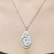 201 Stainless Steel Hollow Teardrop with Star Pendant Necklace, Stainless Steel Color, 17.72 inch(45cm)(NJEW-OY001-73)