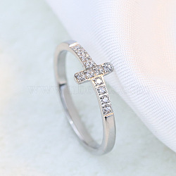 Cross Stainless Steel Micro Pave Clear Cubic Zirconia Finger Rings for Women, Platinum, 7mm, US Size 9(18.9mm)(FS-WG88B59-03)