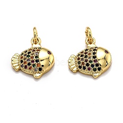 Brass Micro Pave Cubic Zirconia Pendants, Long-Lasting Plated, with Jump Rings, Fish, Golden, 12.5x11.5x3mm, Hole: 3mm(ZIRC-O039-04G)