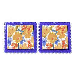 Opaque Acrylic Pendants, Square with Flower, Colorful, 34.5x34.5x2mm, Hole: 1.6mm(BACR-D002-09D)