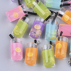 Plastic Pendants, with Resin Inside and Iron Findings, Imitation Juice Glass, Platinum, Mixed Color, 26~30x13~15x11mm, Hole: 1.8mm(X-CRES-S359-13)