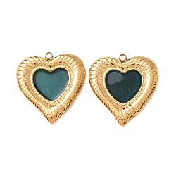 304 Stainless Steel Enamel Pendants, Heart Charms, Ion Plating(IP), Real 18K Gold Plated, Dark Green, 26.5x24x2.5mm, Hole: 2mm(SA-CBAD609-15G-02)