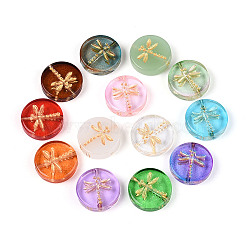 Baking Paint Transparent Glass Beads, Flat Round & Dragonfly, Golden Metal Enlaced, Mixed Color, 17x4.5~5mm, Hole: 1.2mm(X-DGLA-N018-30)