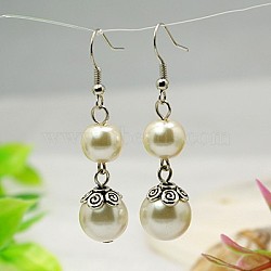 Trendy Glass Pearl Ball Dangle Earrings, with Tibetan Style Bead Caps and Brass Earring Hooks, Creamy White, 50mm(EJEW-JE00451-02)