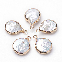 Electroplate Natural Baroque Pearl Keshi Pearl Pendants, Cultured Freshwater Pearl, with Iron Findings, Flat Round, Golden, 16~22x13~16x4~8mm, Hole: 1.8mm(PEAR-Q008-08G)
