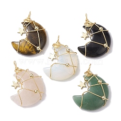 Natural & Synthetic Mixed Gemstone Copper Wire Wrapped Moon Pendants, 304 Stainless Steel Charms with Star, Real 18K Gold Plated, 45.5x31x12.5mm, Hole: 4.5mm(PALLOY-JF02569)