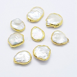 Natural Cultured Freshwater Pearl Beads, Edge Golden Plated, Nuggets, White, 13~19x12~15x5~7mm, Hole: 0.5mm(PEAR-F006-59G)
