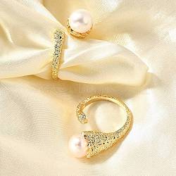 Round Natural Pearl Finger Rings, Brass Cuff Rings for Women, Real 14K Gold Plated, Inner Diameter: 17mm(RJEW-P113-22G)