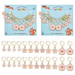 12Pcs 6 Style Alloy Enamel Sakura & Peach & Plum Blossom Charm Locking Stitch Markers, with Gold Tone 304 Stainless Steel Leverback Earring Findings, Pink, 2.8~4cm, 2pcs/style(HJEW-PH01645)