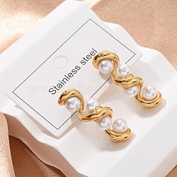 304 Stainless Steel Twist Stud Earrings, with Plastic Pearl, Ion Plating(IP), Golden, 31.5x9.5mm(EJEW-L287-067G)