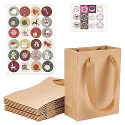 Thank You Stickers,  Christmas Theme Round Paper Gift Tag Self-Adhesive Stickers, Rectangle Kraft Paper Bags with Handle, Mixed Patterns, 16x12x5.7cm(DIY-NB0006-52)