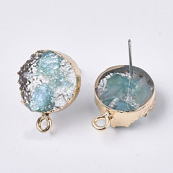 Druzy Resin Stud Earring Loops, with Steel Pins and Edge Light Gold Plated Iron Loops, Flat Round, Pale Turquoise, 18x13.5mm, Hole: 1.8mm, Pin: 0.6mm(X-RESI-S383-028B)