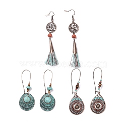 3 Pairs 3 Style Alloy Flat Round & Oval & Teardrop Dangle Earrings with Synthetic Turquoise, Big Cotton Tassel Drop Earrings with Wood for Women, Red Copper, 72~100mm, 1 Pair/style(EJEW-P200-04R)
