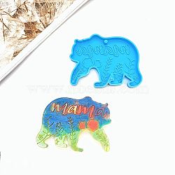 Bear with Flower & Word mama DIY Pendant Silicone Molds, Resin Casting Molds, For UV Resin, Epoxy Resin Jewelry Making, Deep Sky Blue, 66x81x8mm, Hole: 4mm(SIMO-H004-08)