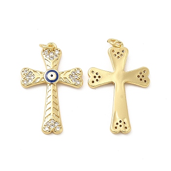 Brass Micro Pave Cubic Zirconia Pendants, with Enamel Evil Eye & Jump Ring, Religion Cross Charm, Golden, Royal Blue, 30x19.5x3mm, Hole: 3.3mm