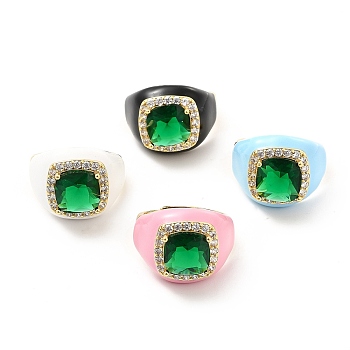 Rack Plating Brass Micro Pave Green & Crystal Cubic Zirconia Adjustable Rings, with Enamel, Cadmium Free & Lead Free, Long-Lasting Plated, Real 18K Gold Plated, Mixed Color, US Size 7 3/4, 2.5~16.5mm, Inner Diameter: 17.9mm