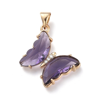 Brass Micro Pave Clear Cubic Zirconia Pendants, with Glass, Butterfly, Golden, Lilac, 24x21.5x4mm